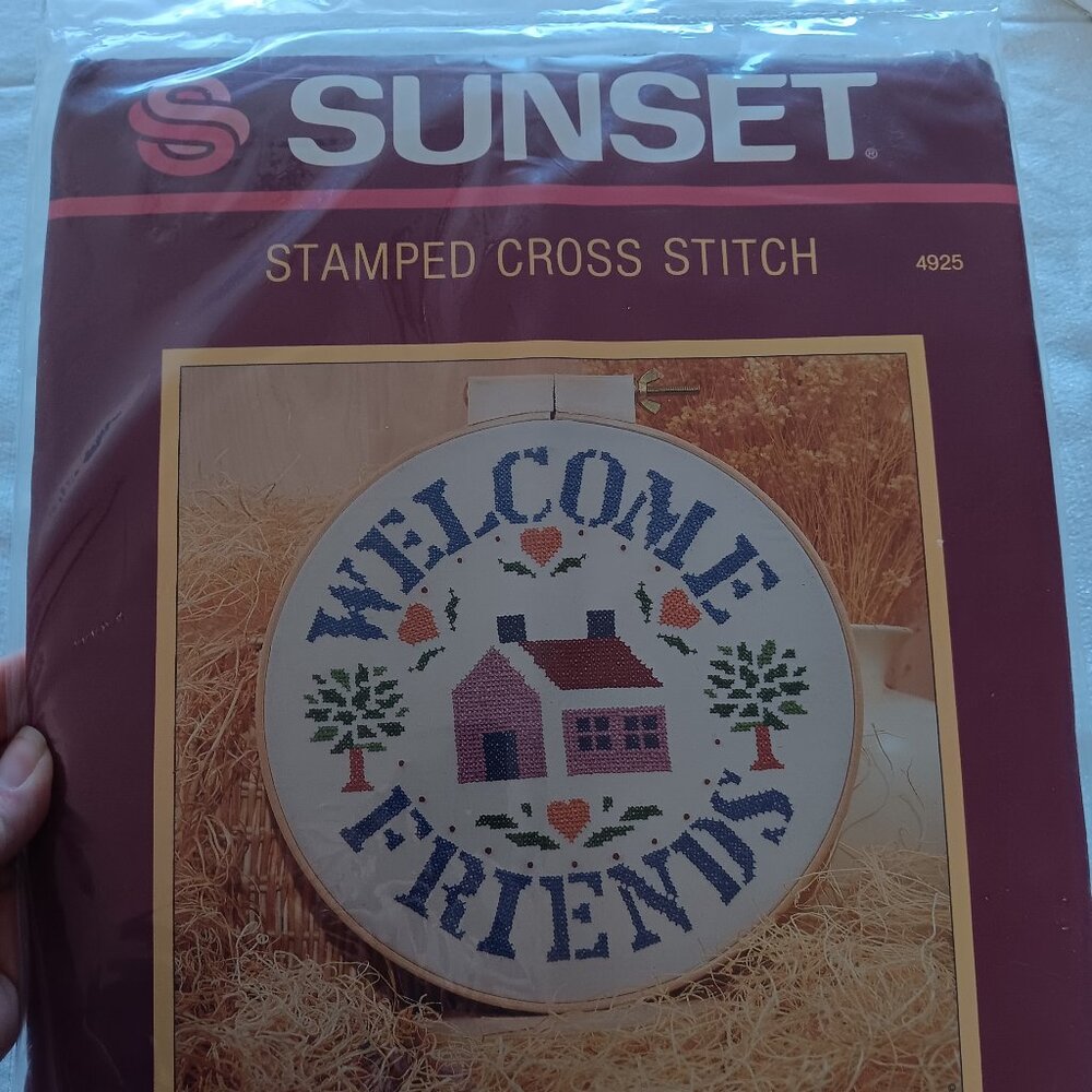 1989 Sunset stamped cross stitch Welcome Friends kit NEW Vintage Farmhouse